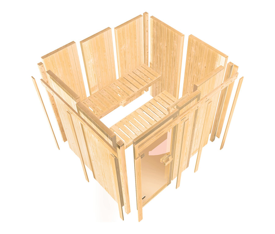 Unfertige Karibu Sauna Vivi 1 Bio mit Holzpaneelen und Bänken.