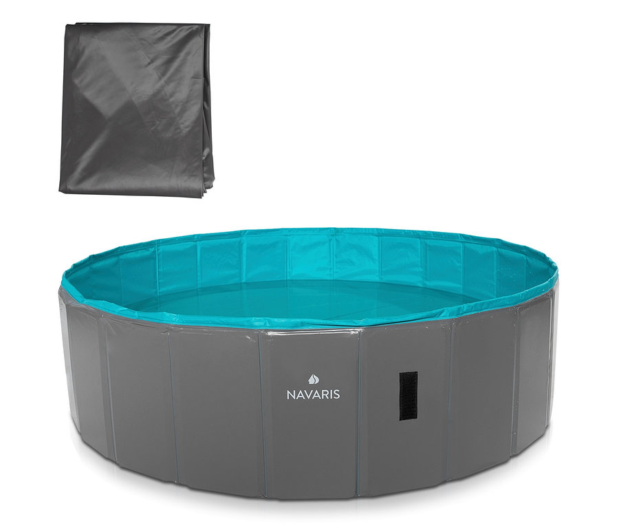 Navaris Hundepool, faltbar, grau mit blauem Innenraum und einer grauen Plane links oben.