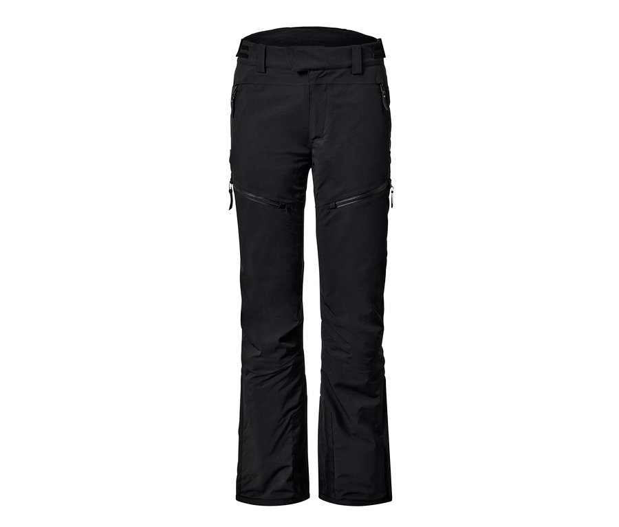 Eine schwarze High-Tech-Skihose vor einem weißen Hintergrund.