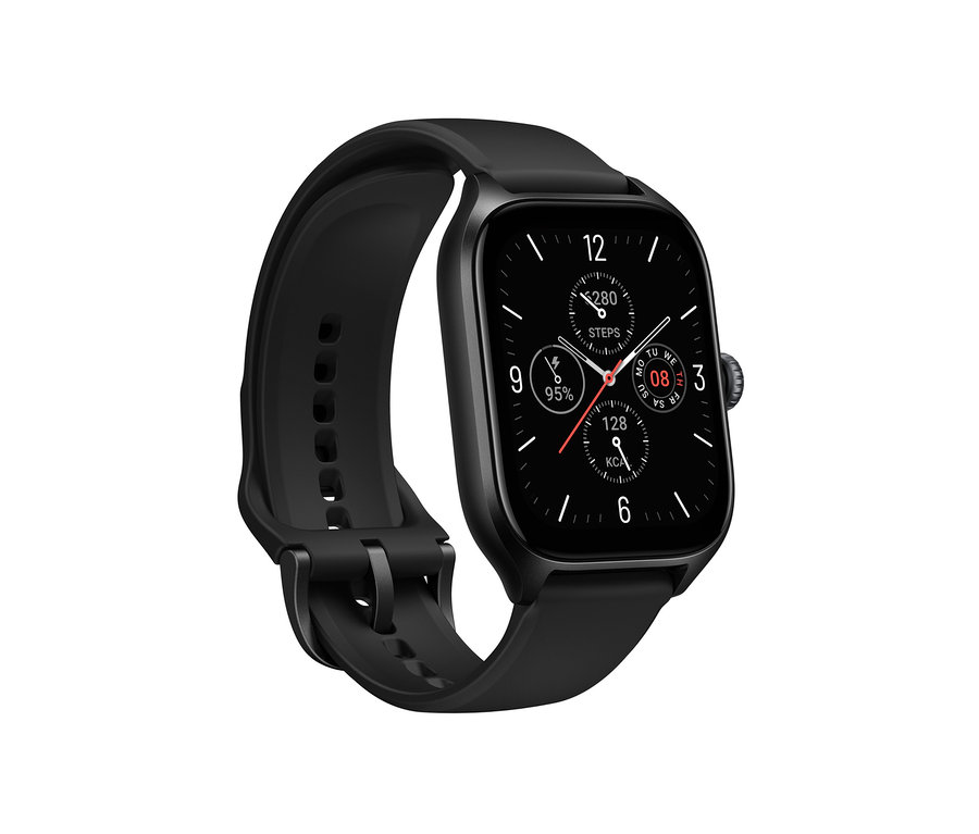 Detailansicht der schwarzen Smartwatch mit schwarzem Armband, die ein Zifferblatt anzeigt.
