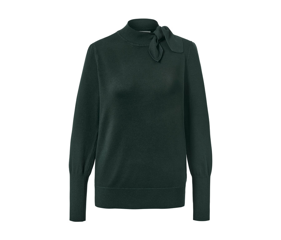 Grüner Feinstrickpullover mit Schleifendetail.