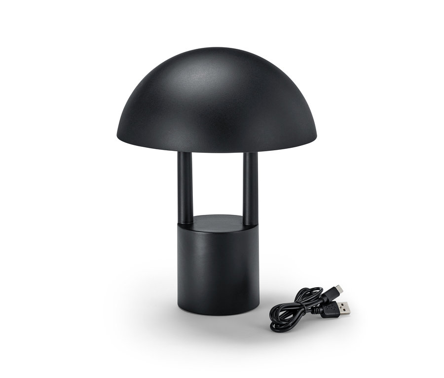Schwarze LED-Akku-Tischleuchte mit Ladekabel.