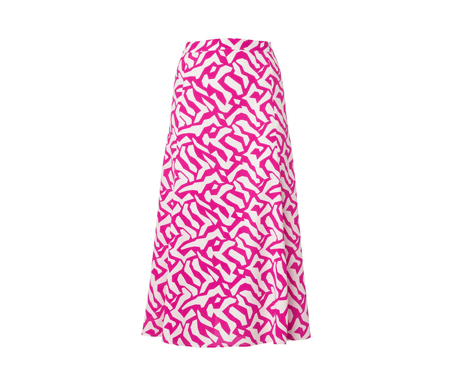 Detailansicht eines pink bedruckten Midirocks.