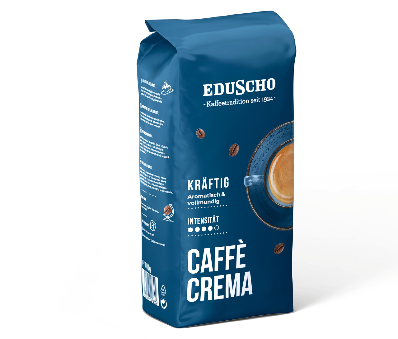 Blaue Packung Eduscho Caffè Crema Kräftig - Ganze Bohne.