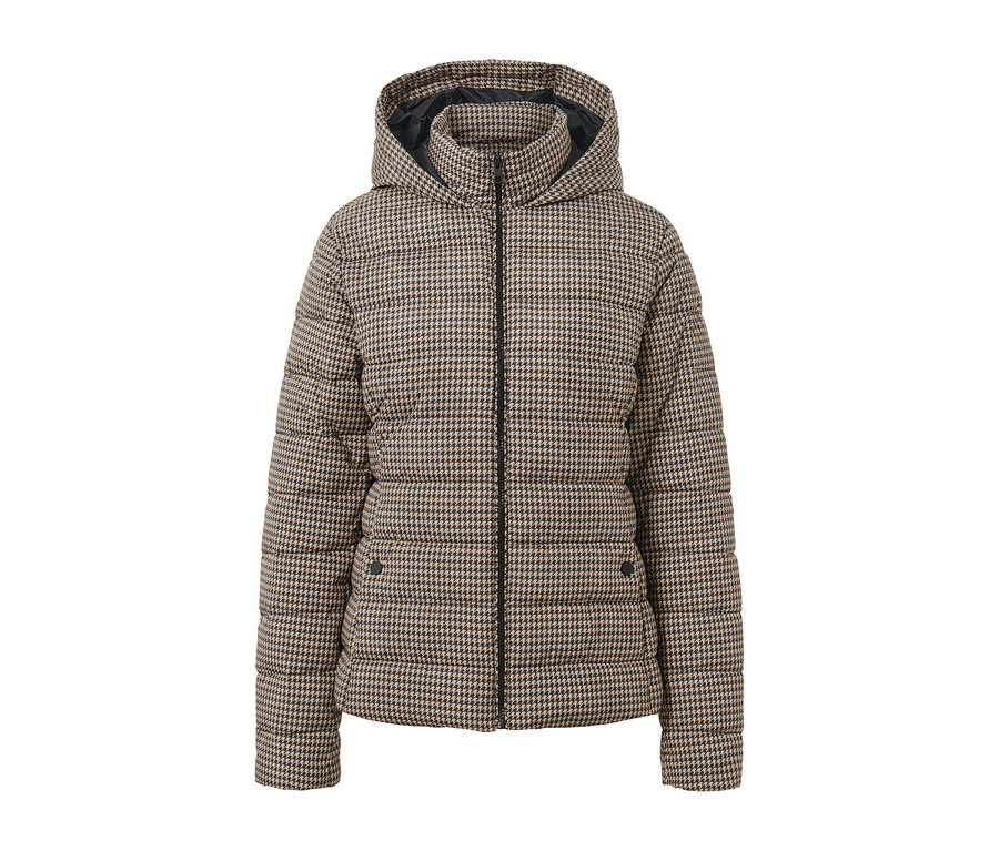 Bedruckte Steppjacke mit Kapuze im Hahnentrittmuster.