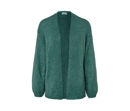 Grüner offener Grobstrick-Cardigan.