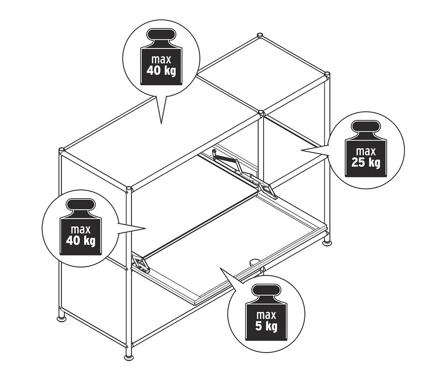 Umriss eines weißen Metall Sideboards »CN3« mit 2 Klappenfächern, mit einer maximalen Tragfähigkeit von 40 kg auf der oberen und unteren Ablage, 25 kg auf der Innenablage und 5 kg auf den Klappenfächern.