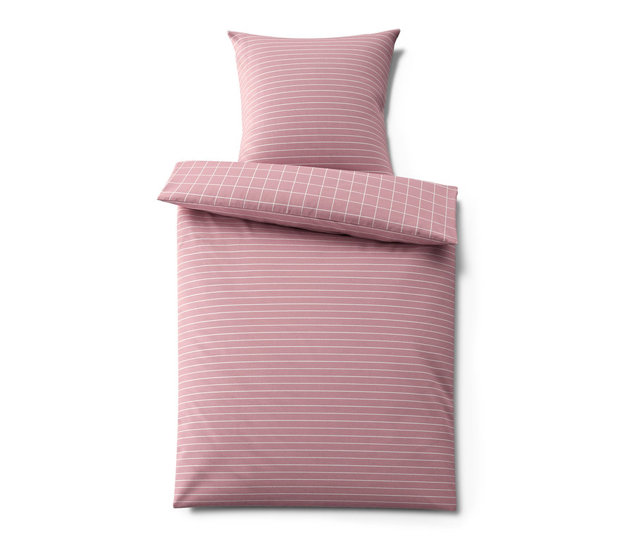 Rosa Flanell-Bettwäsche Normalgröße mit weißen Streifen und kariertem Rand.