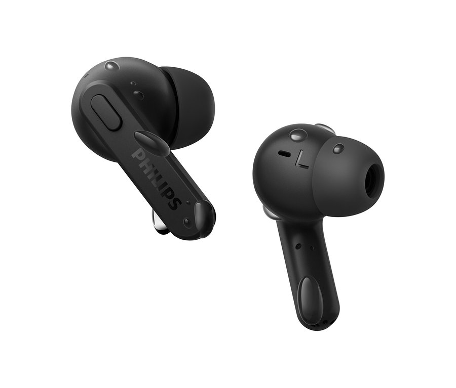 Zwei schwarze Philips TWS-In-Ear-Kopfhörer »TAT2206« auf weißem Hintergrund.