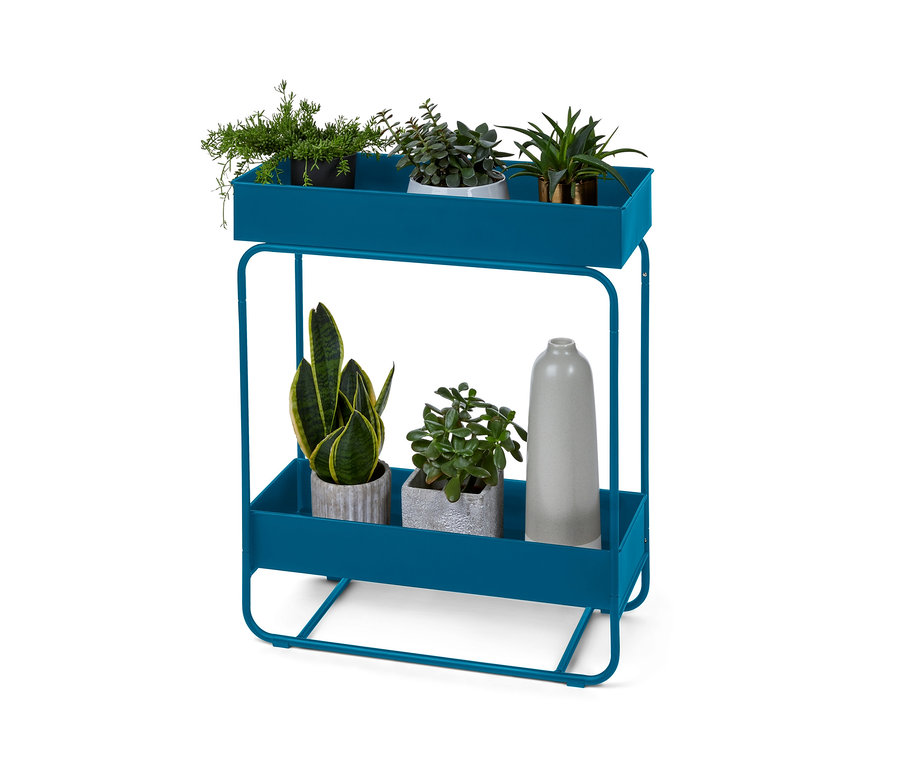 Eine blaue Plant-Box mit zwei Ebenen, auf denen sich Topfpflanzen und eine Vase befinden.
