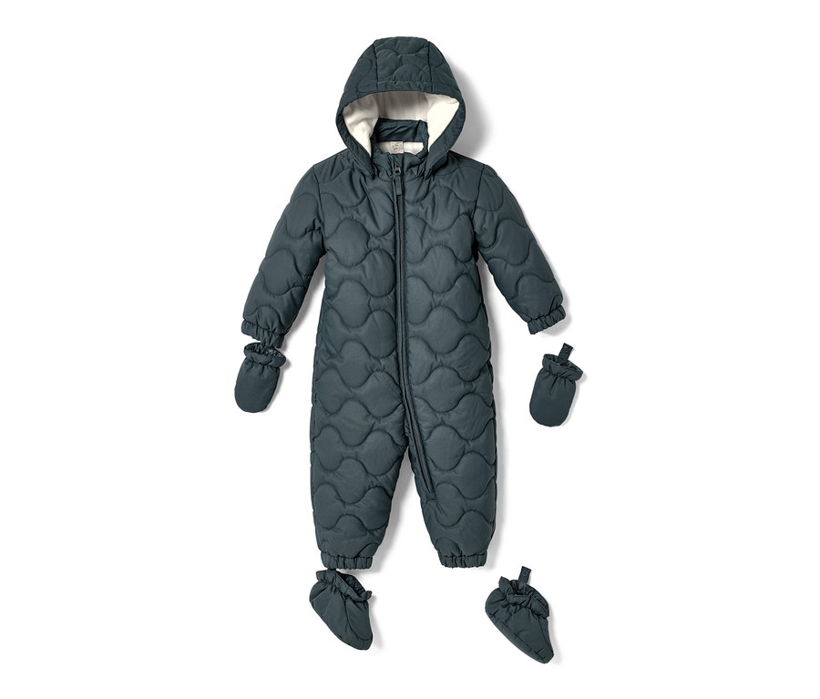 Baby-Winteroverall mit Kapuze, Handschuhen und Füßlingen in Graugrün.