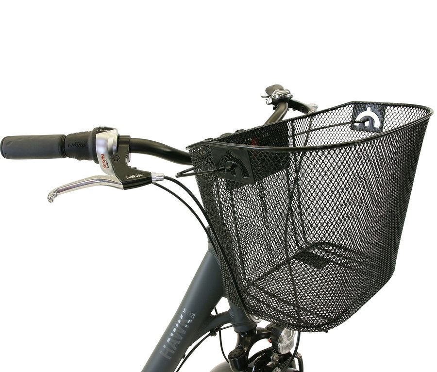 Detailaufnahme eines grauen HAWK Bikes Fahrrads City Wave Deluxe Plus mit einem schwarzen Drahtkorb.
