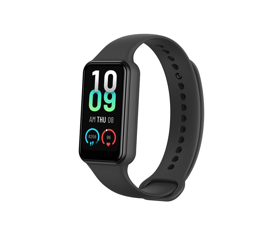 Schwarzes Armband mit einem Display, das die Zeit 10:09 und das Datum Do 08 anzeigt. Amazfit Band 7 Aktivitätstracker, schwarz