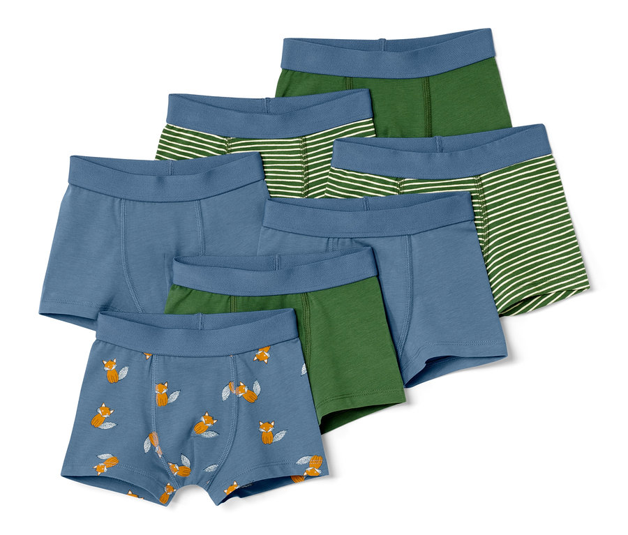 Sieben Kinder-Slipboxer in verschiedenen Farben und Mustern.