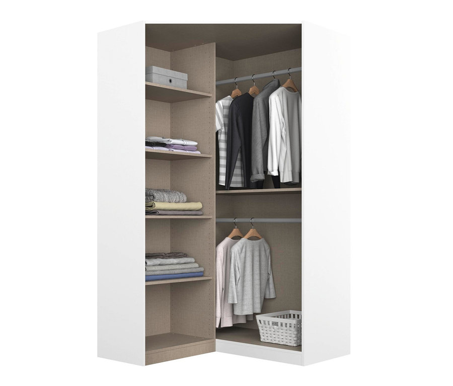 Eck-Kleiderschrank »Alvara« mit Regalen und Kleiderbügeln.