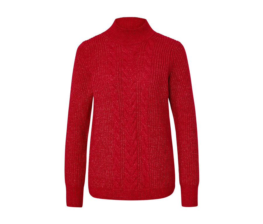 Roter Grobstrickpullover mit Zopfmuster.