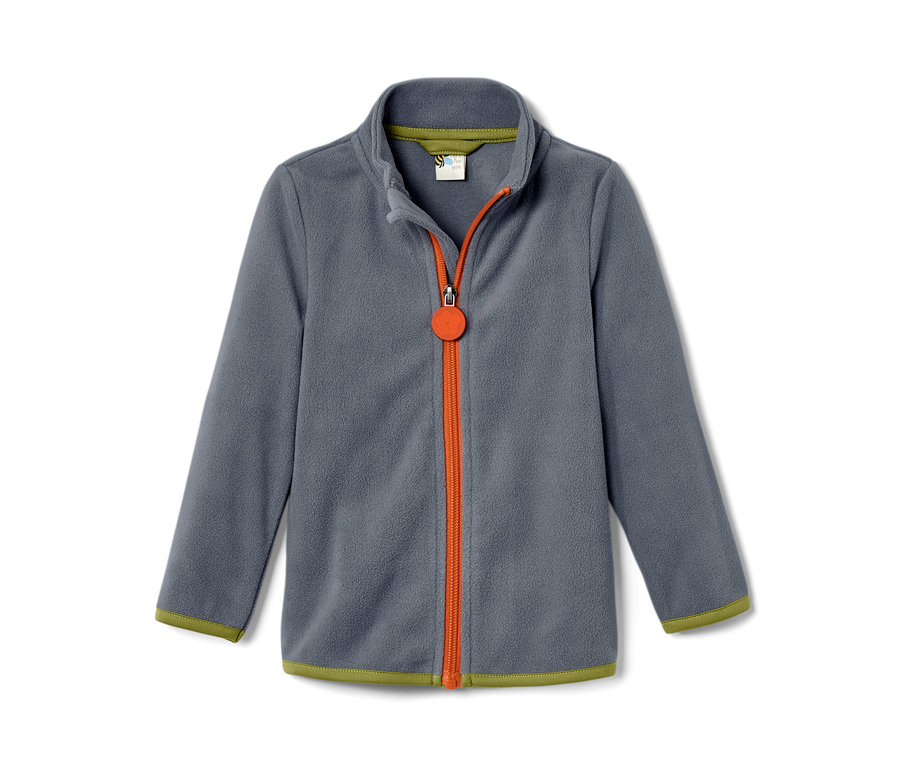 Blaue Kleinkind-Fleecejacke mit Reißverschluss und grünen Bündchen.