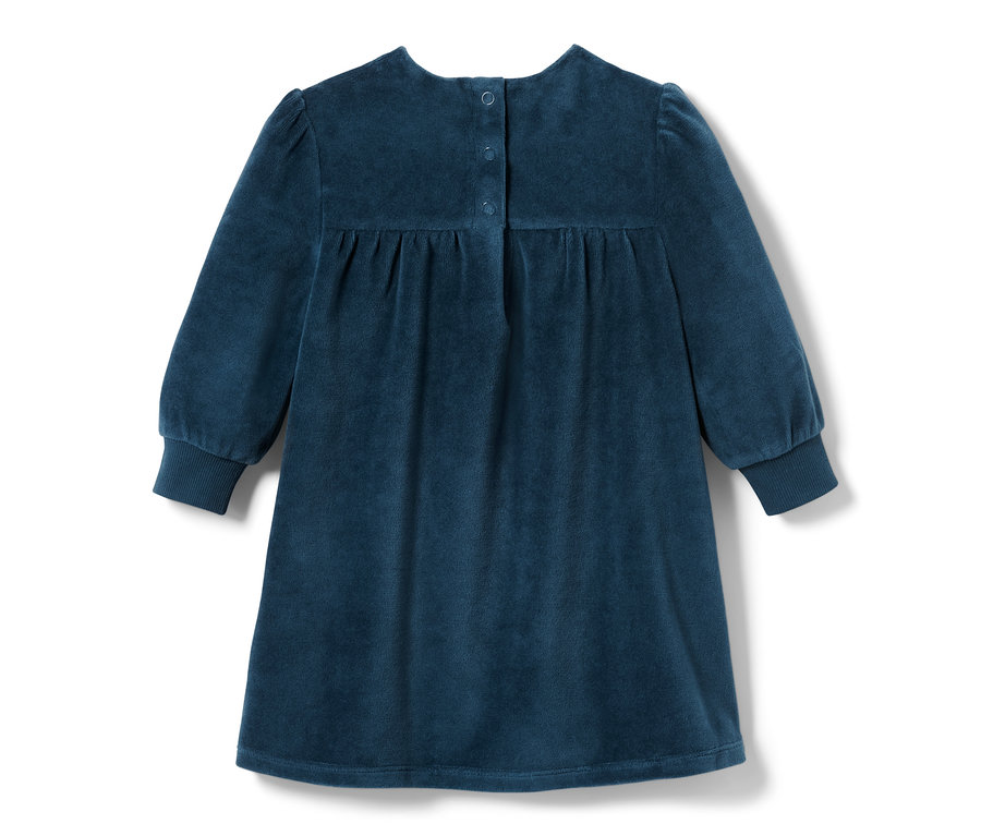 Blaues Baby-Nickikleid mit langen Ärmeln und Knöpfen auf der Rückseite.