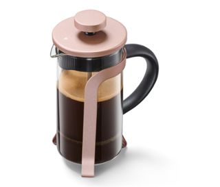 Kanne: transparent<br>Gestell: rosé metallic<br>Henkel und innerer Teil Deckel: schwarz