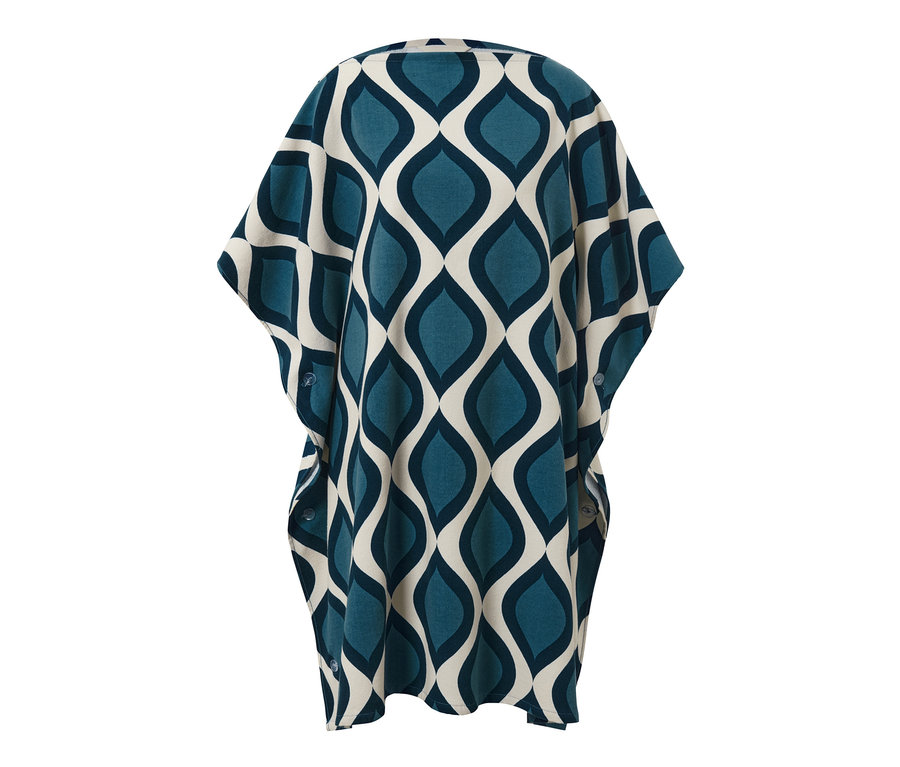 2-in-1-Badetuch-und-Poncho mit blau-cremefarbenem geometrischem Muster.