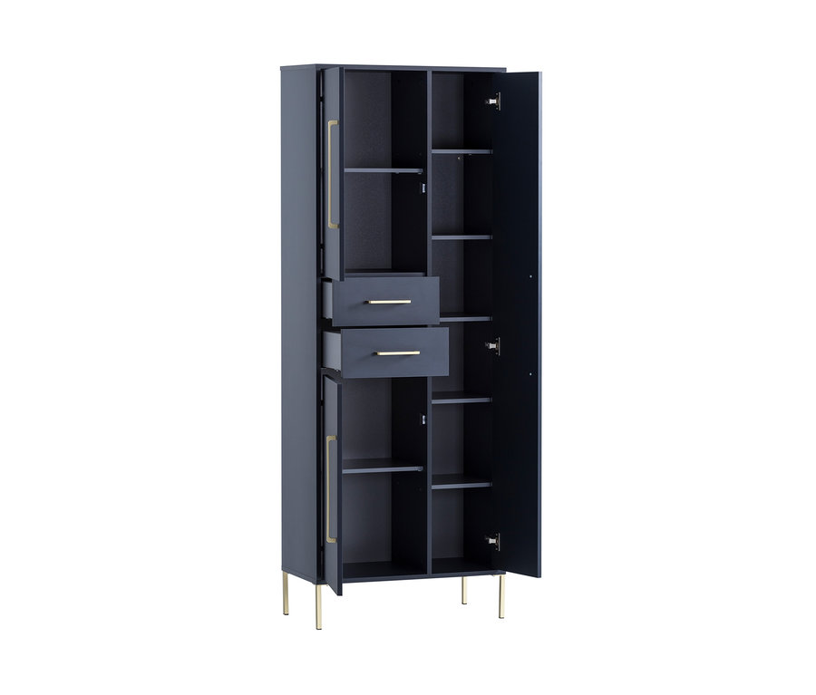 Blauer, geschlossener Garderobenschrank »Kent« mit zwei Schubladen und offenen Türen.