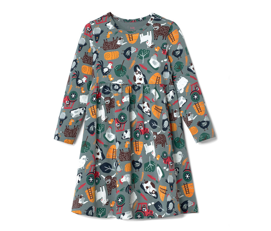 Graues Baby Jerseykleid mit Alloverprint von Tieren und landwirtschaftlichen Motiven.