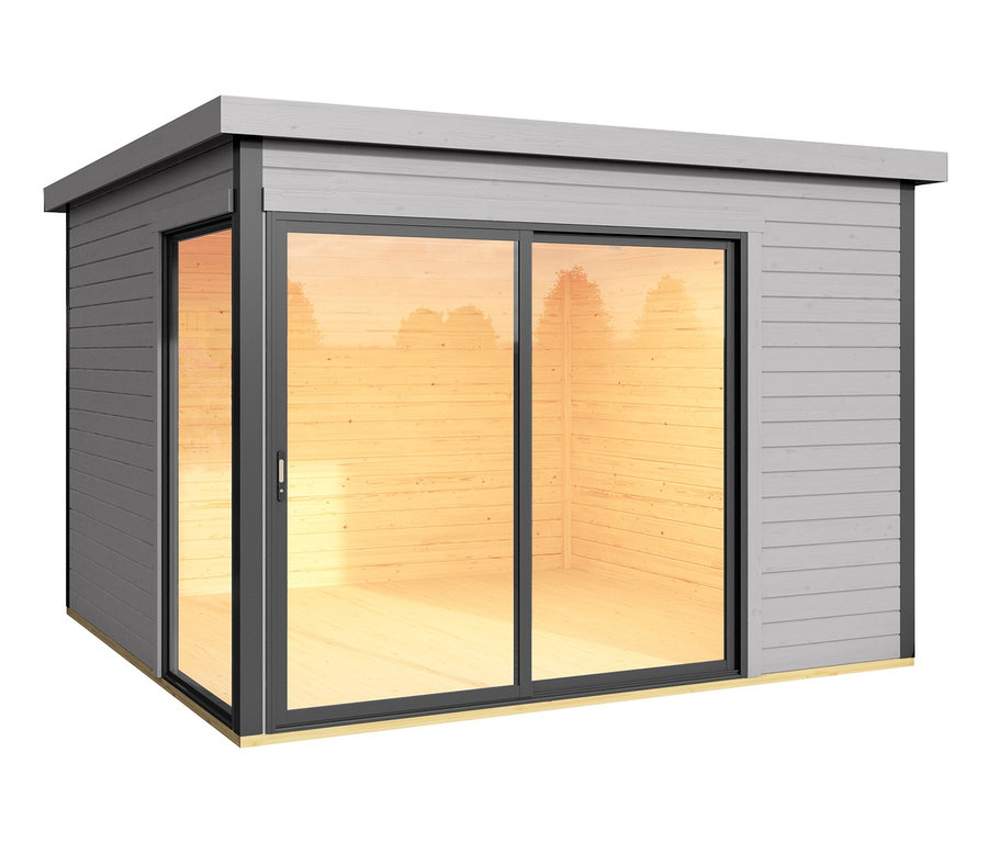 Graues Weka Design-Wochenendhaus mit Fenster-Front, 44 mm (412 Gr. 1).