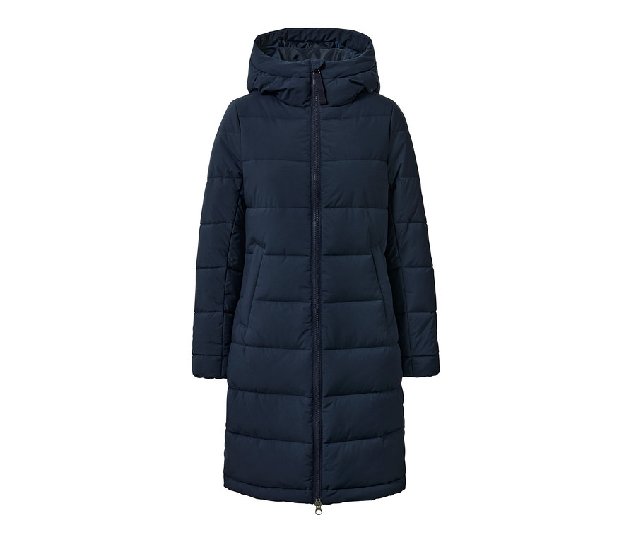 Blauer Steppmantel mit Kapuze und Reißverschluss.