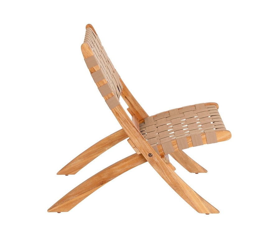 Zusammenklappbarer Loungesessel mit Holzrahmen und beige Stoffbespannung.