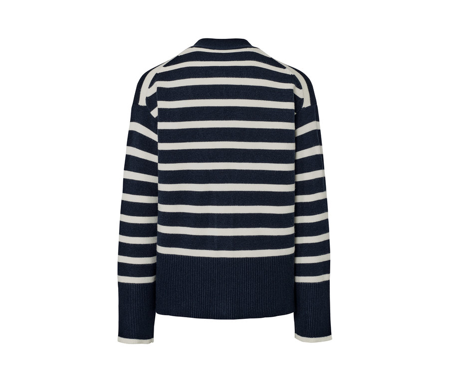 Gestreifter Cardigan mit dunkelblauen und weißen Streifen.
