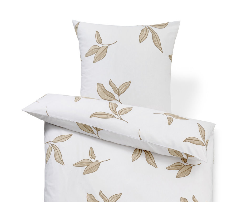 Weiße Premium-Baumwoll-Bettwäsche mit Blattmuster, in Normal- und Übergröße.