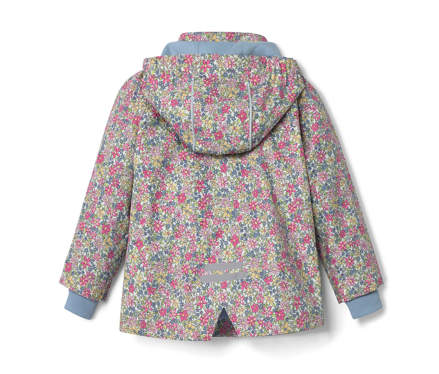 Detailansicht einer Kinder-Regenjacke mit Blumen-Alloverprint.