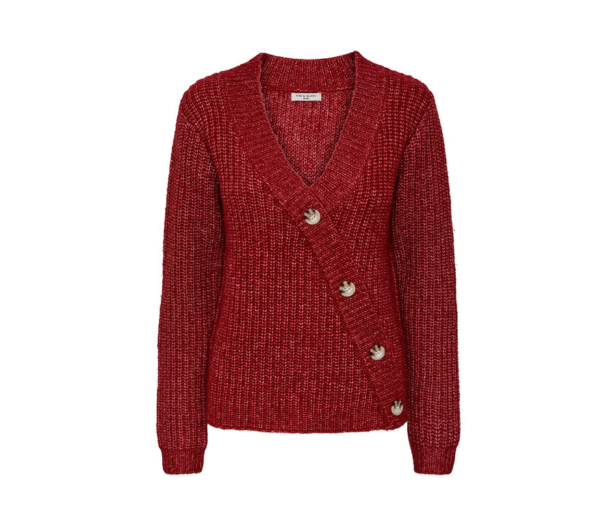 Roter Grobstrick-Cardigan mit Knöpfen.