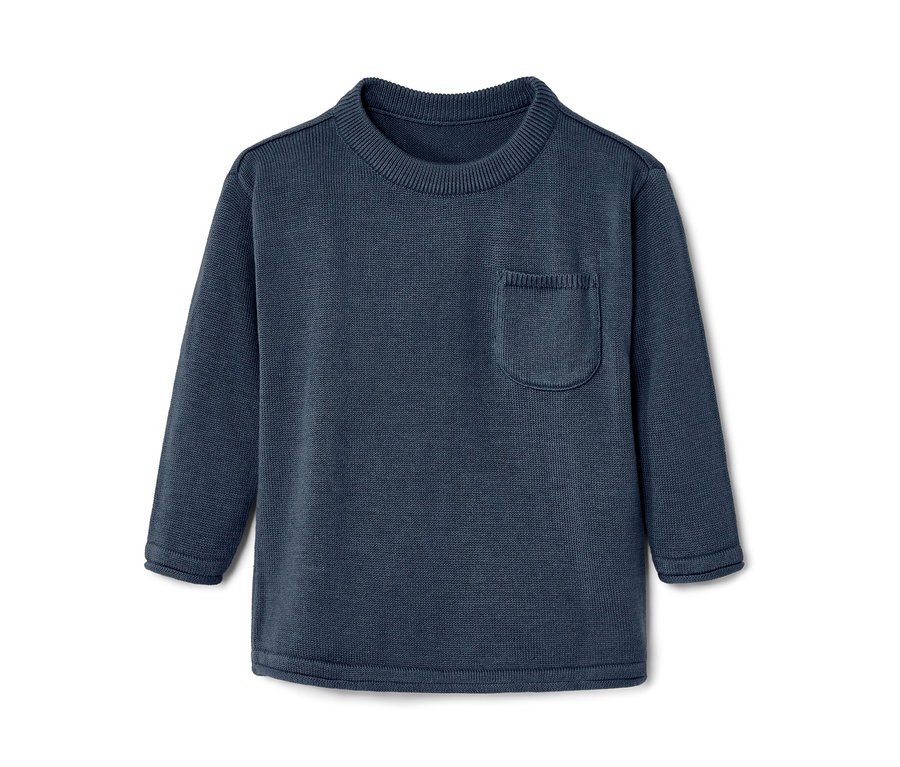 Ein dunkelblauer Kinder-Strickpullover mit Brusttasche.
