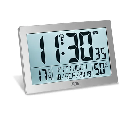ADE Digitale XL-Funk-Tischuhr mit Thermometer und Hygrometer zeigt 11:30 Uhr, 17,4 Grad Celsius und 50% Luftfeuchtigkeit an.