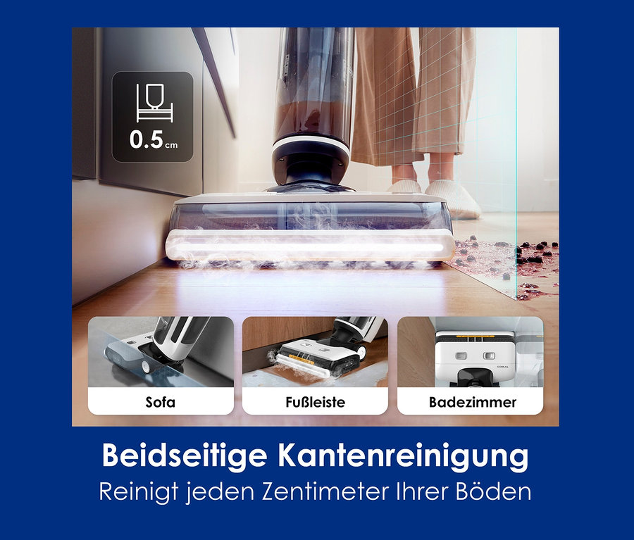 Tineco Floor One S7 Steam Plus auf Holzboden nahe einer Wand.