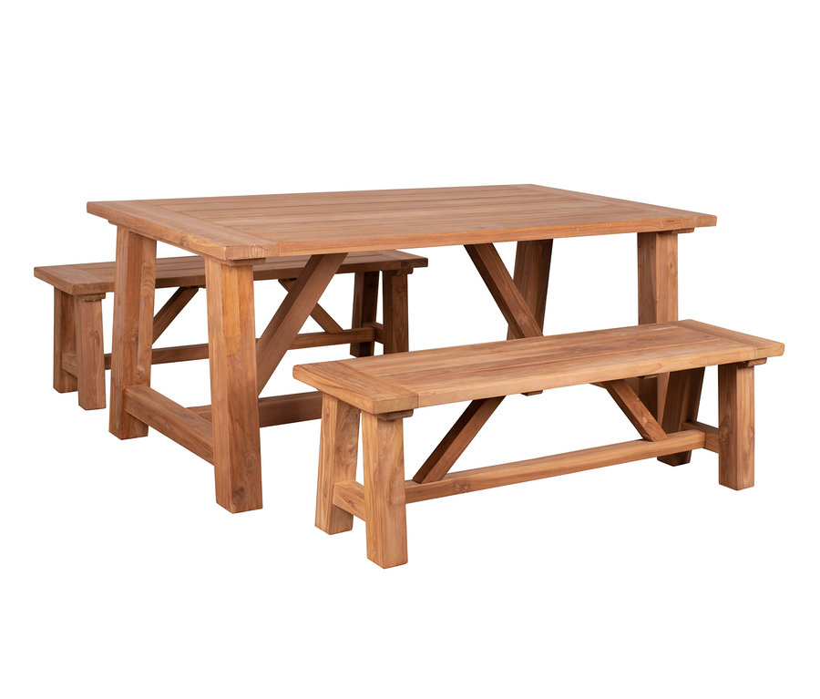 Rechteckiger Holztisch mit zwei Bänken, deVries Dining-Set.