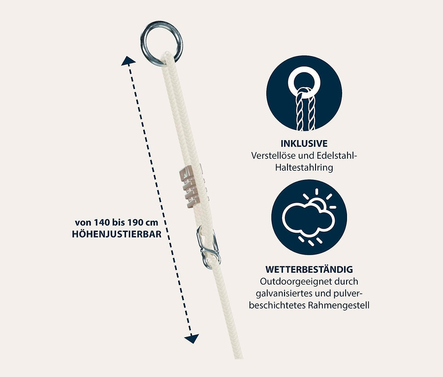 Abbildung eines Seils mit Metallring und Höhenverstellung von 140 bis 190 cm. Enthält die Information, dass ein verstellbarer Stahlring inklusive ist und dank verzinktem und pulverbeschichtetem Rahmen wetterbeständig ist. HUDORA Nestschaukel »Lounge«, beige, Ø 110 cm