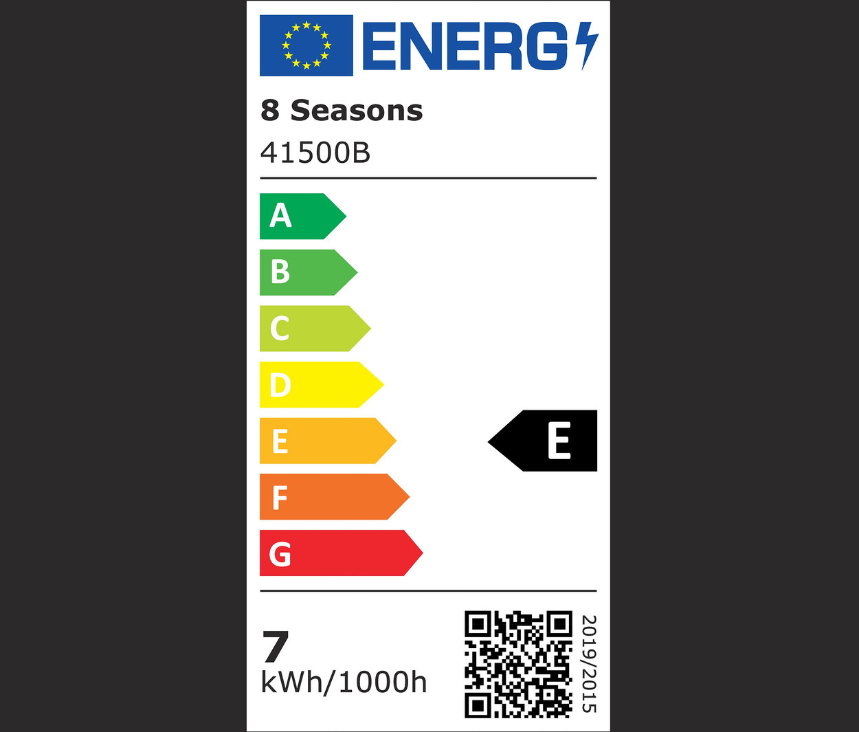 Energieetikett mit Energieeffizienzklassen von A bis G, wobei E die aktuelle Klasse ist.