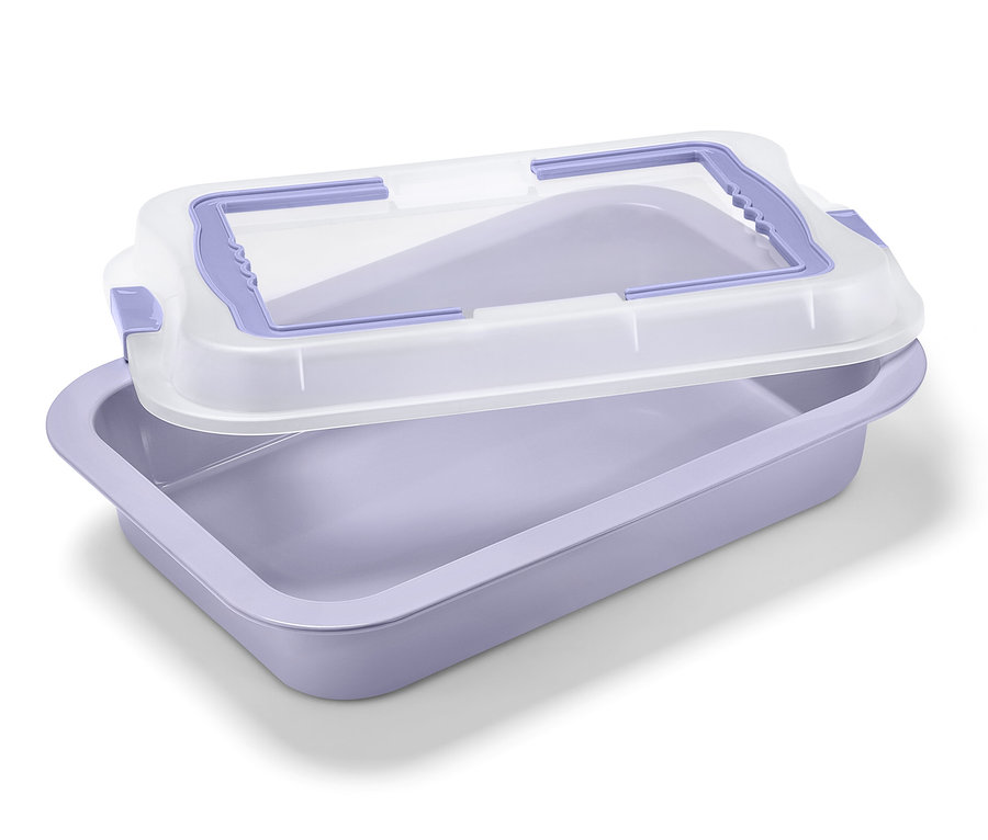 Ein lilafarbenes Backblech mit transparentem Deckel.