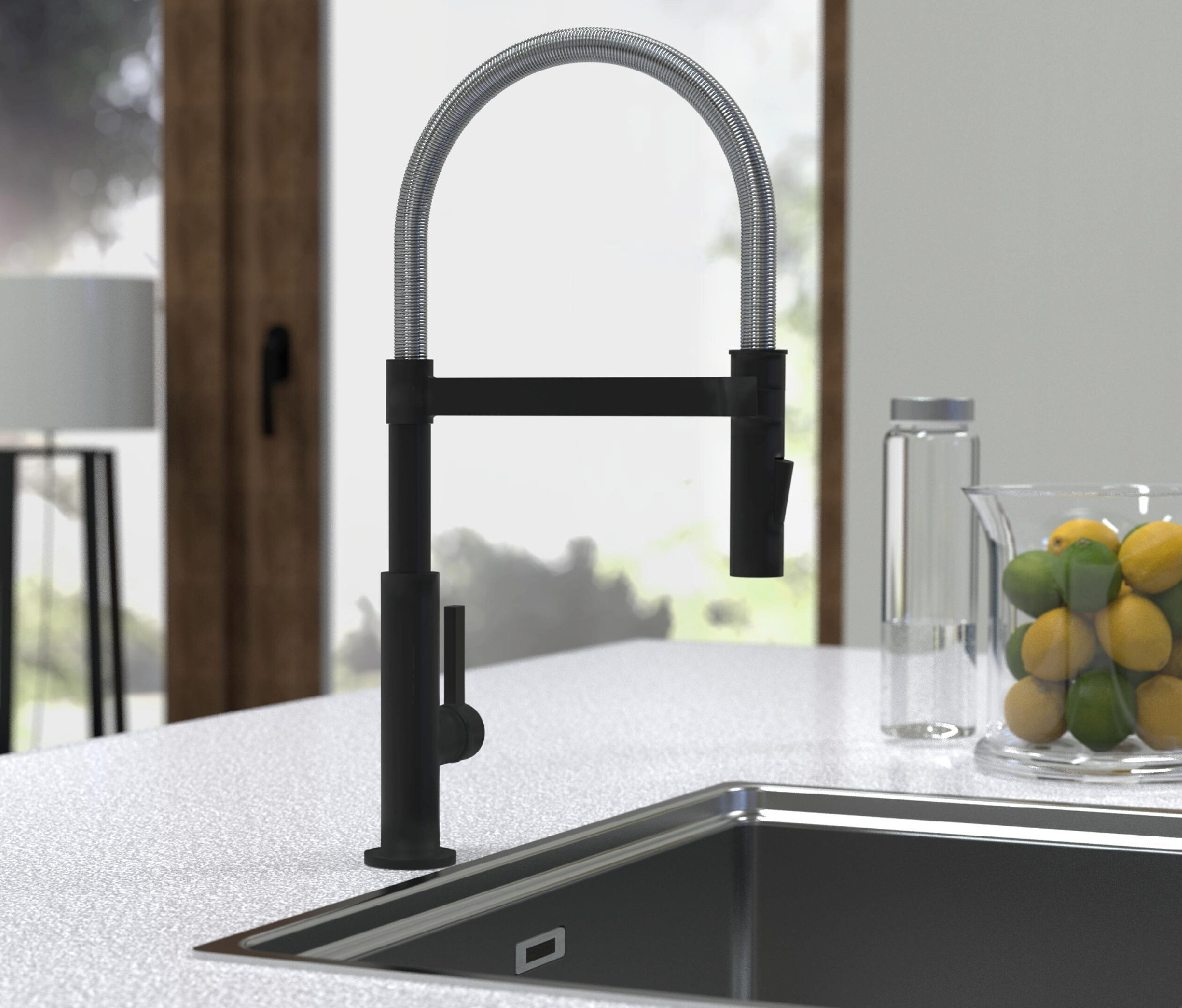 Eine schwarze SCHÜTTE-Spiralfeder-Spültischarmatur "Miami" mit Chromfeder über einem Edelstahlspülbecken.