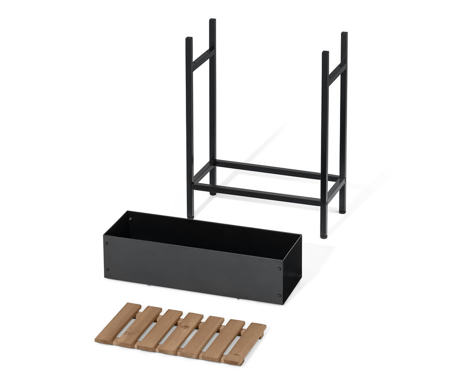 Eine zerlegte schwarze Pflanz-Konsole »Elin« mit Holzrost auf weißem Hintergrund.