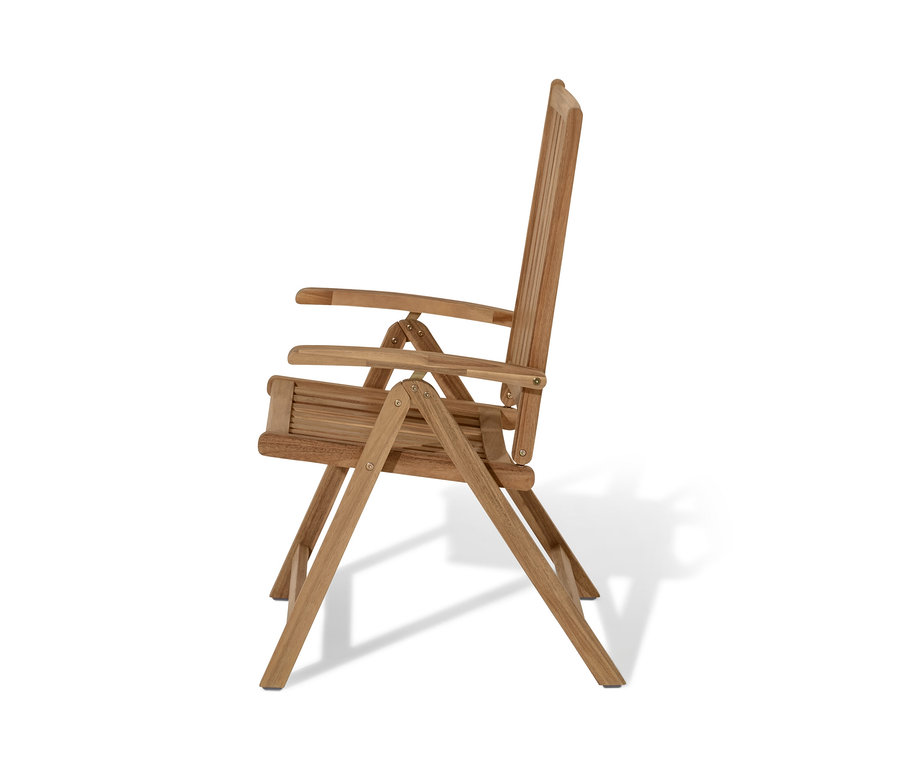 Detailansicht von der Seite eines Hochlehners »Lenja« mit verstellbarer Rückenlehne und Holz-Lamellen.