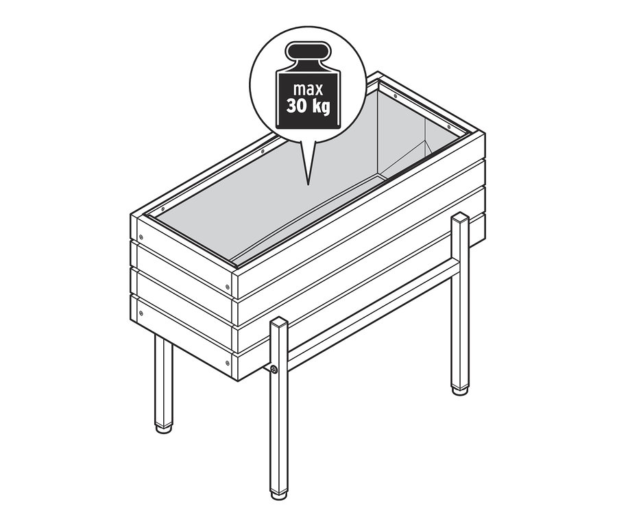Illustration eines Pflanzkastens Elin mit einer maximalen Traglast von 30 kg.