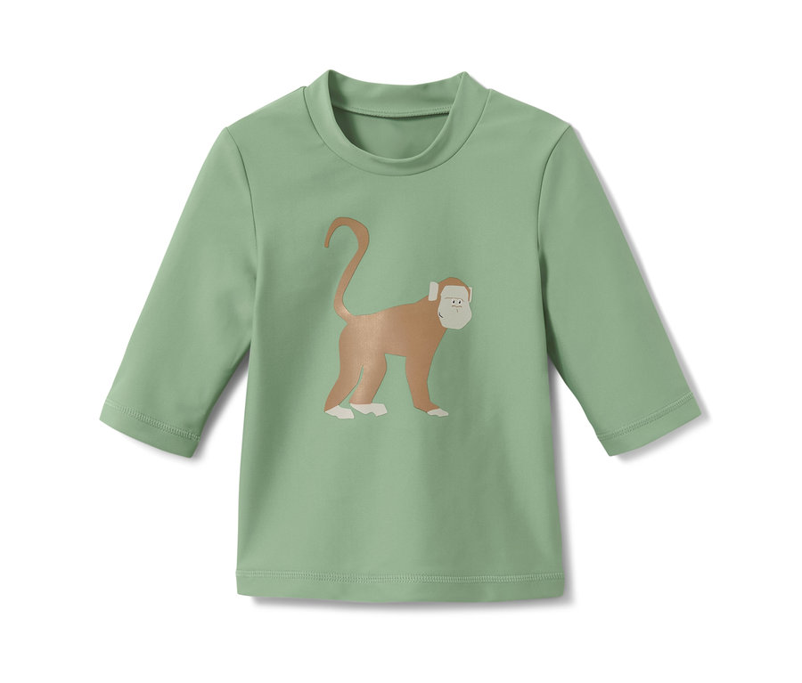 Grünes Kinder-Shirt mit UV-Schutzfaktor 80 und Affen-Motiv.