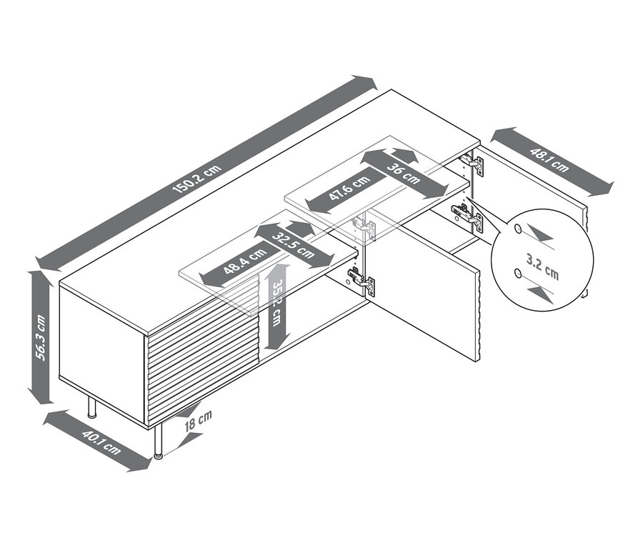 Die Zeichnung des Lowboards »Finnsbo« mit Lamellenoptik zeigt die Abmessungen.
