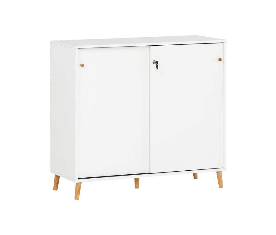 Weißer Schiebetürenschrank »Serie 500« mit Holzfüßen.
