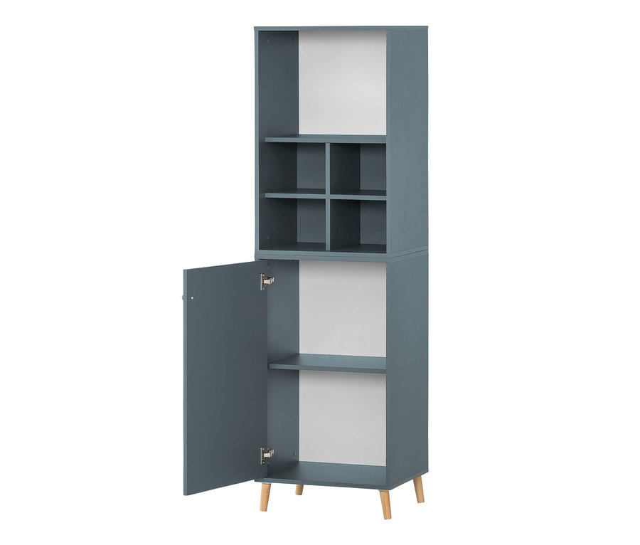 Blauer Schrank mit offenen Regalen und einer Tür. Zu sehen ist ein 3-teiliges Büromöbel-Set »Serie 500« in fjordblau.