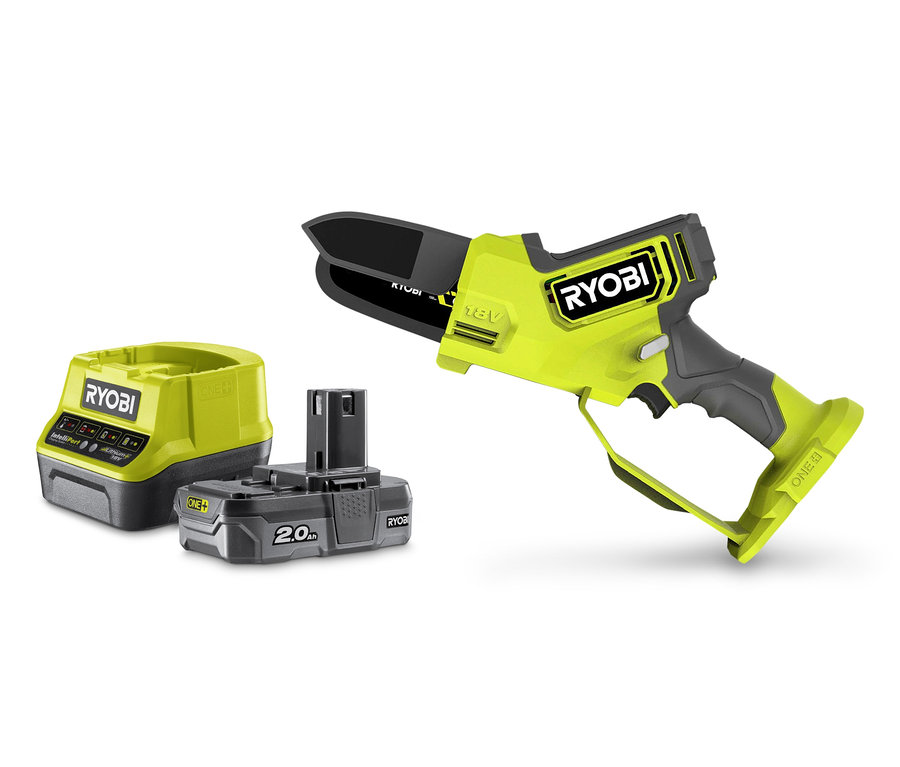RYOBI 18 V One+ Brushless Akku-Einhand-Kettensäge-Set vor weißem Hintergrund.