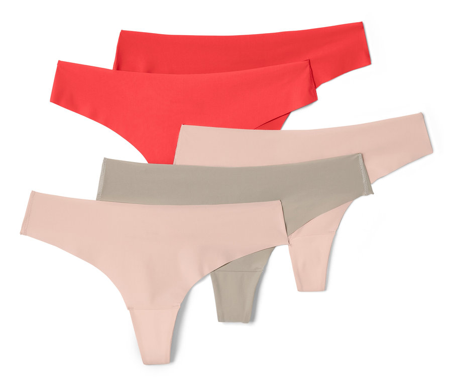 Vier Magic-Cut-Strings in Rot, Beige und Grau liegen übereinander.